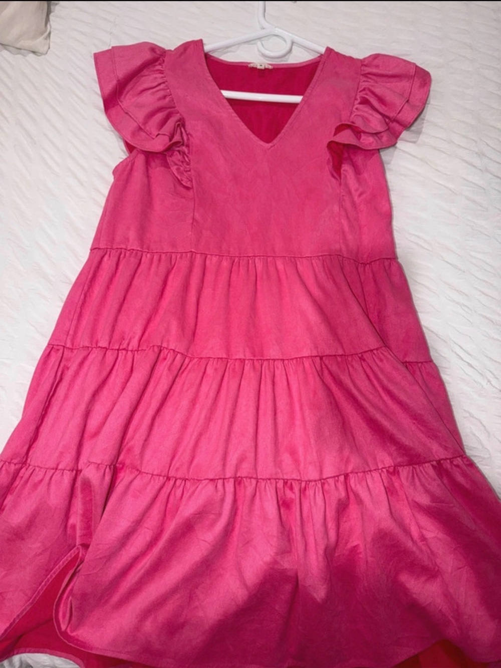 Umgee Hot Pink Tiered V‑Neck Ruffle Sleeve Midi Dress